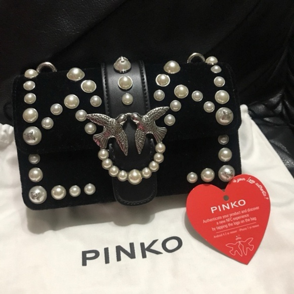 Pinko Black Velvet Crossbody with Pearl Studs and Bird Hardware